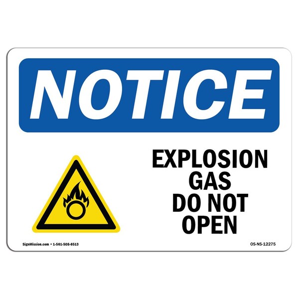 OSHA Notice Sign, 3.5" H, 5" W, Explosive Gas Do Not Open Sign With Symbol, Landscape, 10PK